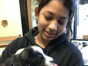 Woman holding and looking down at small dog